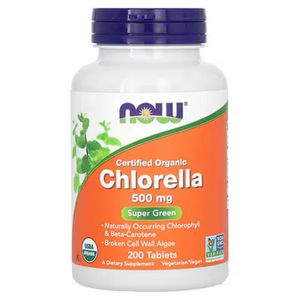 Now Food Certified Organic Chlorella, 500 mg, Naturally Produced Chlorophyll & Beta Carotene, 200 Tablets