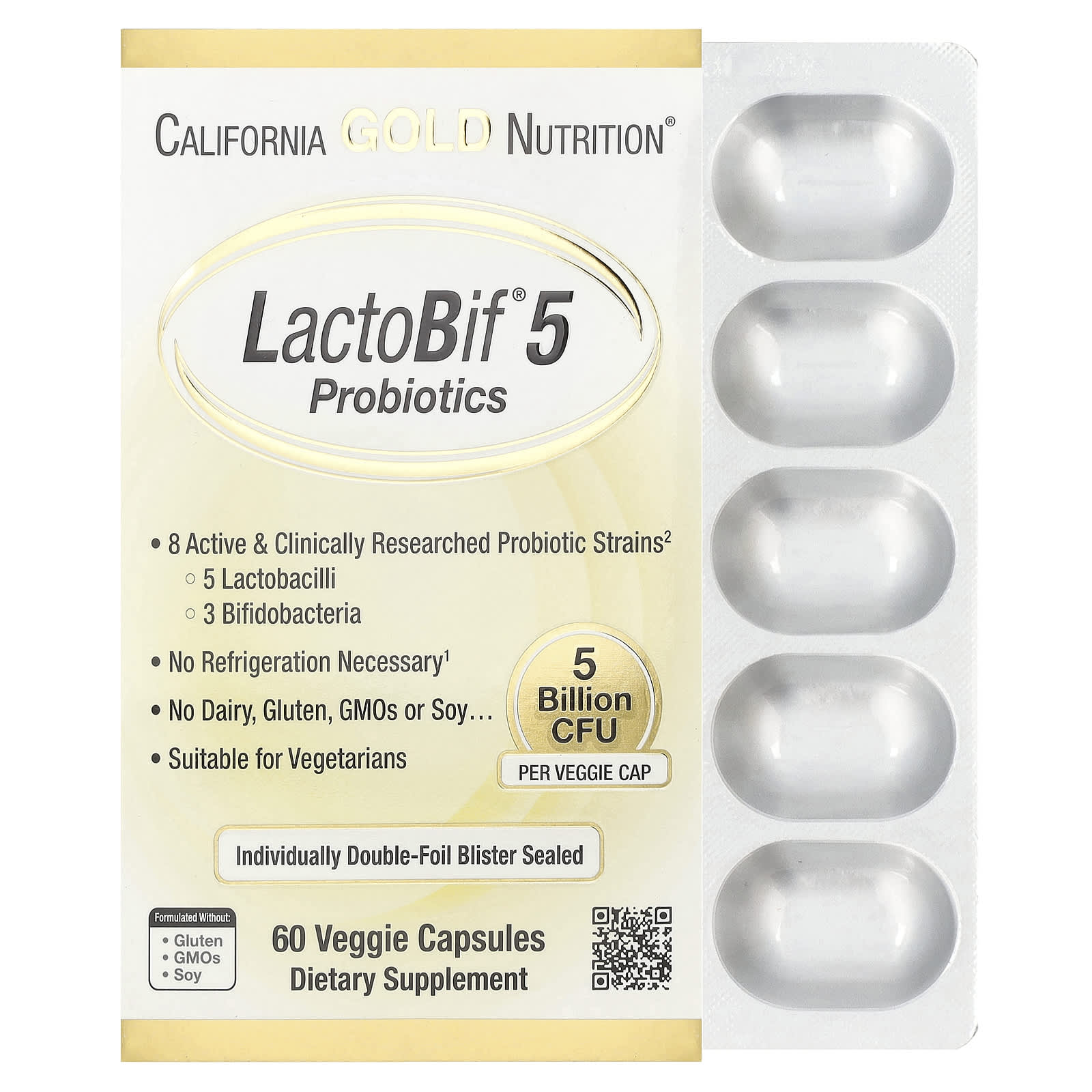 California Gold Nutrition LactoBif 5 Billion CFU Probiotic | 60 Veggie Capsules
