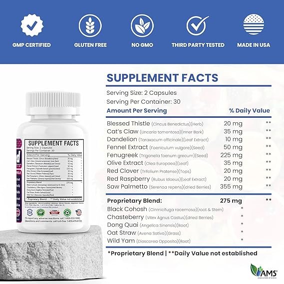 America Medic & Science MetrioMed 60 Capsules | Fertility Supplement for Women | Organic Pills with Black Cohosh, Chasteberry and Red Clover Herbs - الصورة 2