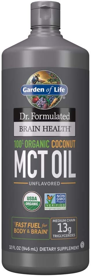 Garden of Life Dr. Formulated Brain Health 100% Organic Coconut MCT Oil 32 fl oz Unflavored, 13g MCTs, Keto & Paleo Diet Friendly Body & Brain Fuel, Certified Non-GMO Vegan & Gluten Free, Hexane-Free جاردين اوف لايف ، زيت م س ت من جوز الهند العضوى 100%، لصحة المخ ووقود سريع للجسم والمخ ، 946 مل