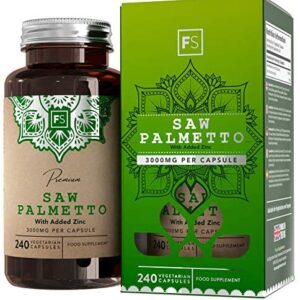FS Saw Palmetto Capsules High Strength 3000mg with Added Zinc 15mg | Saw Palmetto Extract (20:1) | 240 Vegan Capsules – 8 Month Supply | Gluten Freeمستخلص بالميتو المنشار 3000 مجم للكبسولة بنسبة إستخلاص 1 : 20 مع الزنك ، 240 كبسولة نباتية تكفى 8 أشهر