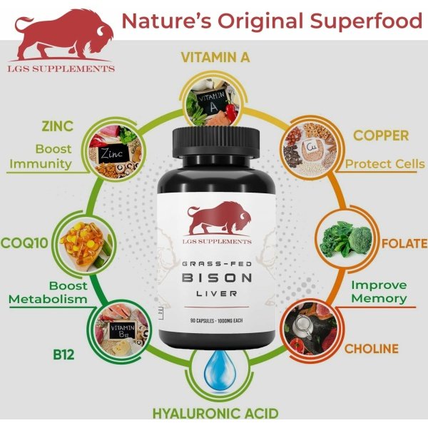Grass Fed Bison Liver Capsules Supports Energy Production, Detoxification, Digestion, Immunity, Natural Iron Non-GMO, Freeze Dried Liver Health Supplement, 3000mg - الصورة 15