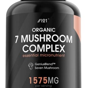 ALPHA01 Organic Seven Mushroom Complex Capsules – 1575mg – GeniusBlend® Synergistic Formula, 90 Vegan Capsules – No Additives — Non-GMO, Gluten Free خليط من سبع فطريات عيش الغراب العضوى 1575 مجم ، بدون إضافات ، 90 كبسولة نباتية