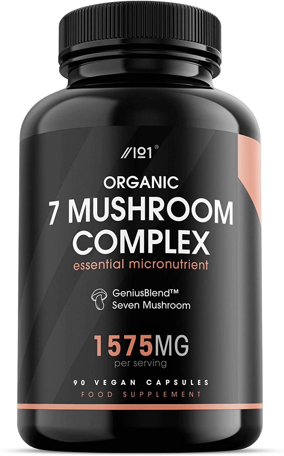 ALPHA01 Organic Seven Mushroom Complex Capsules – 1575mg – GeniusBlend® Synergistic Formula, 90 Vegan Capsules – No Additives — Non-GMO, Gluten Free خليط من سبع فطريات عيش الغراب العضوى 1575 مجم ، بدون إضافات ، 90 كبسولة نباتية