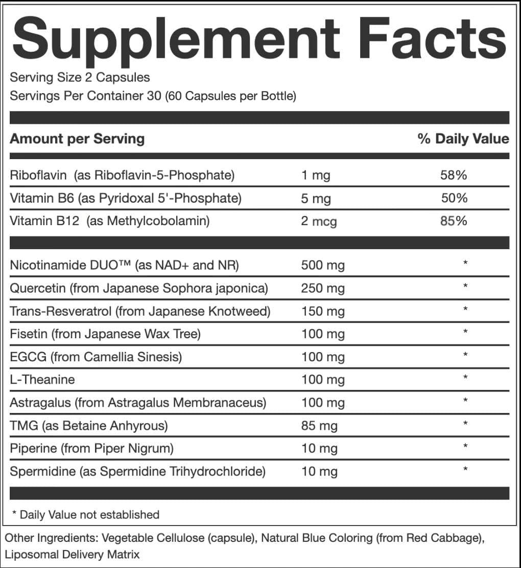AEON Liposomal NAD+ Longevity Complex, with NAD+, NR, Resveratrol, Quercetin, Fisetin, L Theanine, TMG, EGCG, Spermidine, Astragalus, Anti-Aging Supplement, Vegan, 60 Capsules - الصورة 2