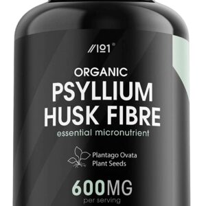 Alpha01 Organic Psyllium Husk Fibre – 600mg – Natural Prebiotic Fibre Supplement from Raw Plantago Ovata Seeds – Ispaghula Husk – Made in The UK – 120 Vegan Capsules ألياف قشور السيليوم العضوى ، 600 مجم ، بريبيوتيك الطبيعى من بذور بلانتاجو أوفاتا الخام وقشور إسباجولا ، 120 كبسولة نباتية