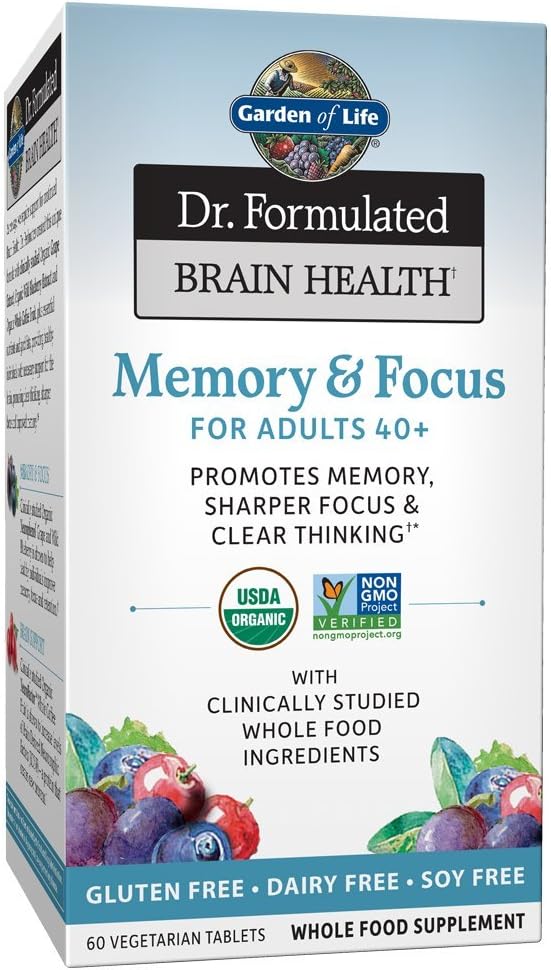 Garden of Life Dr. Formulated Organic Brain Health Memory & Focus for Adults 40+ 60 Tablets دكتور فورميلاتيد ، فيتامينات ومعادن نباتية عضوية لصحة المخ والذاكرة ، وزيادة التركيز للبالغين فوق 40 عام ، 60 حباية