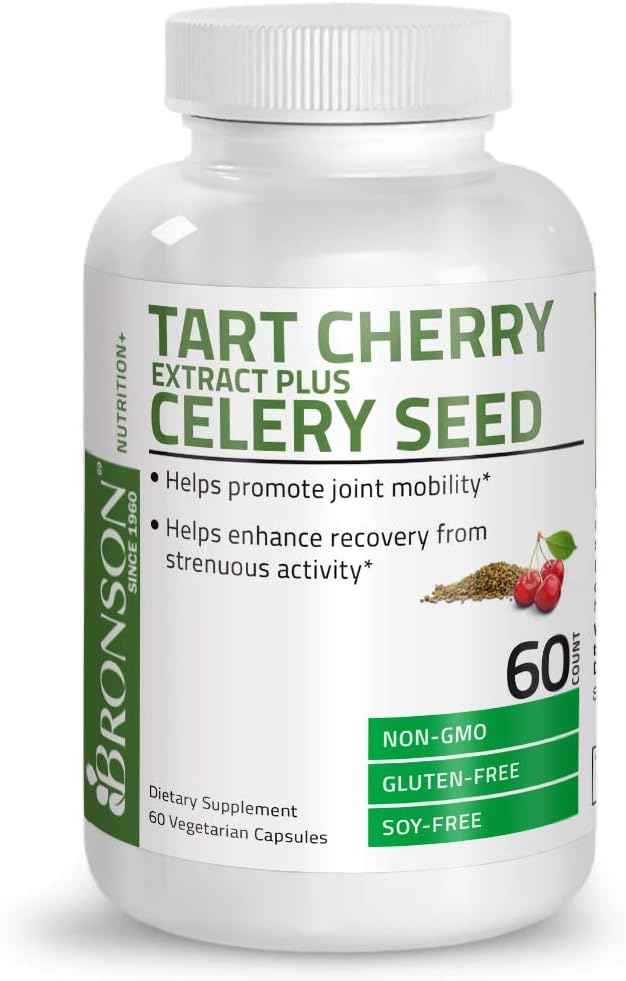 Bronson Tart Cherry Extract + Celery Seed Capsules – Powerful Uric Acid Cleanse, Joint Mobility Support & Muscle Recovery Supplement – 60 Capsules كبسولات الكرز مع بذور الكرفس، لتطهير الجسم من حمض اليوريك، ولصحة المفاصل والعضلات، 60 كبسولة نباتية