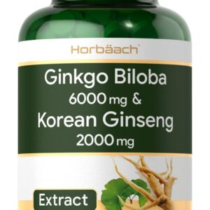 Ginkgo Biloba 6000mg & Korean Panax Ginseng 2000mg | 180 Vegan Tablets | High Strength | Non-GMO, Gluten Free Supplement | No Artificial Preservatives