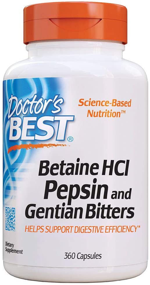 Doctor’s Best Betaine HCI Pepsin & Gentian Bitters, Digestive Enzymes for Protein Breakdown & Absorption, Non-GMO, Gluten Free بيتين هيدروكلوريد وبيبسين و جنتيانا_ أنزيمات هضم البروتينات ، 360 كبسولة