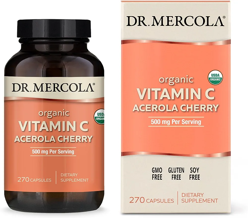 Dr. Mercola Organic Vitamin C Acerola Cherry 500 mg, 90 Servings (270 Capsules), Non GMO, Soy Free, Gluten Free