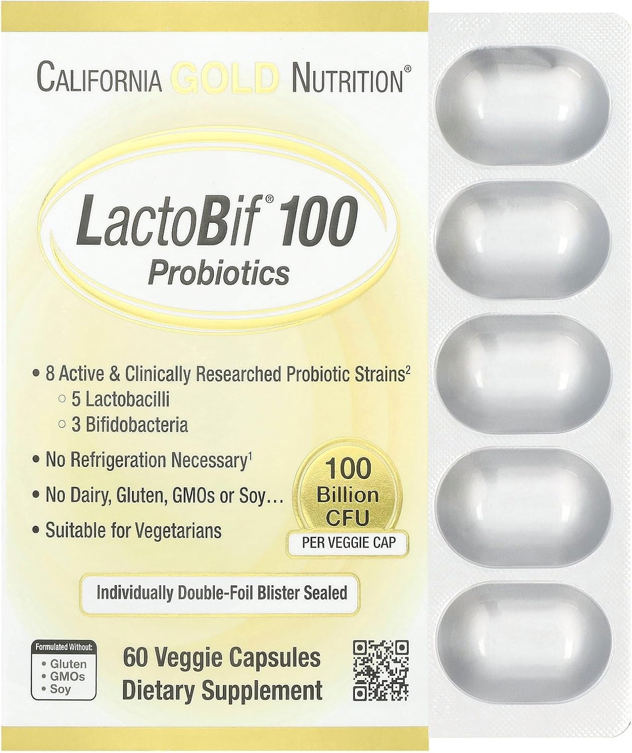 California Gold Nutrition| LactoBif® 100, 100 Billion CFU| 60 Veggie Capsules