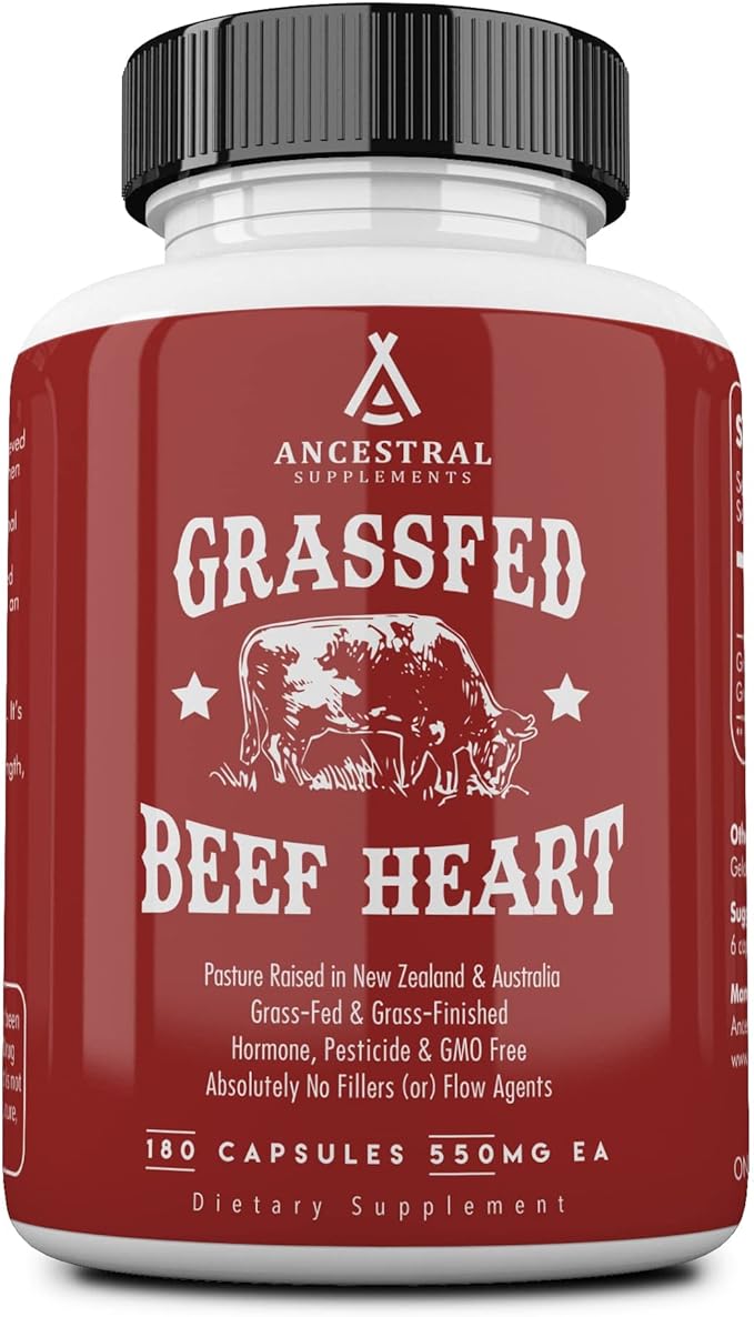 Ancestral Supplements Grass Fed Beef Heart Supplement, 3300mg, CoQ10 Supplement with Grass Fed Beef Liver, Supports Energy, Immune, Heart and Mitochondrial Health, Non GMO, 180 Capsules