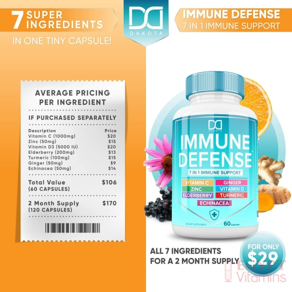 Dakota 7 in 1 Immune Defense Support, Immunity Vitamins Supplement Booster with Zinc 50mg, Vitamin C Elderberry Vit D3 5000 IU, Turmeric Curcumin & Ginger, Echinacea داكوتا داعم المناعة خليط من فيتامين د وفيتامين ج والزنك والكركم والزنجبيل والاشنسيا و إلدربيرى ، 60 كبسولة - الصورة 12