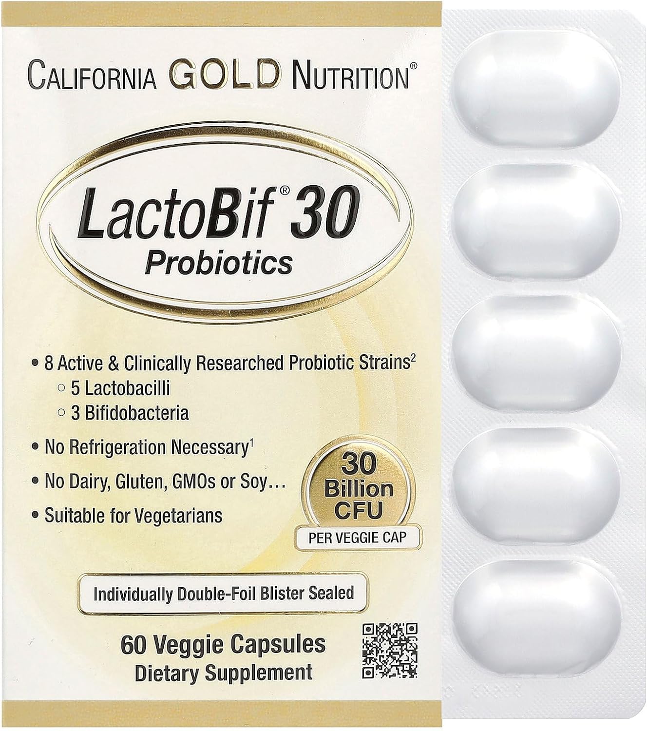California Gold Nutrition| LactoBif® 30, 30 Billion CFU| 60 Veggie Capsules