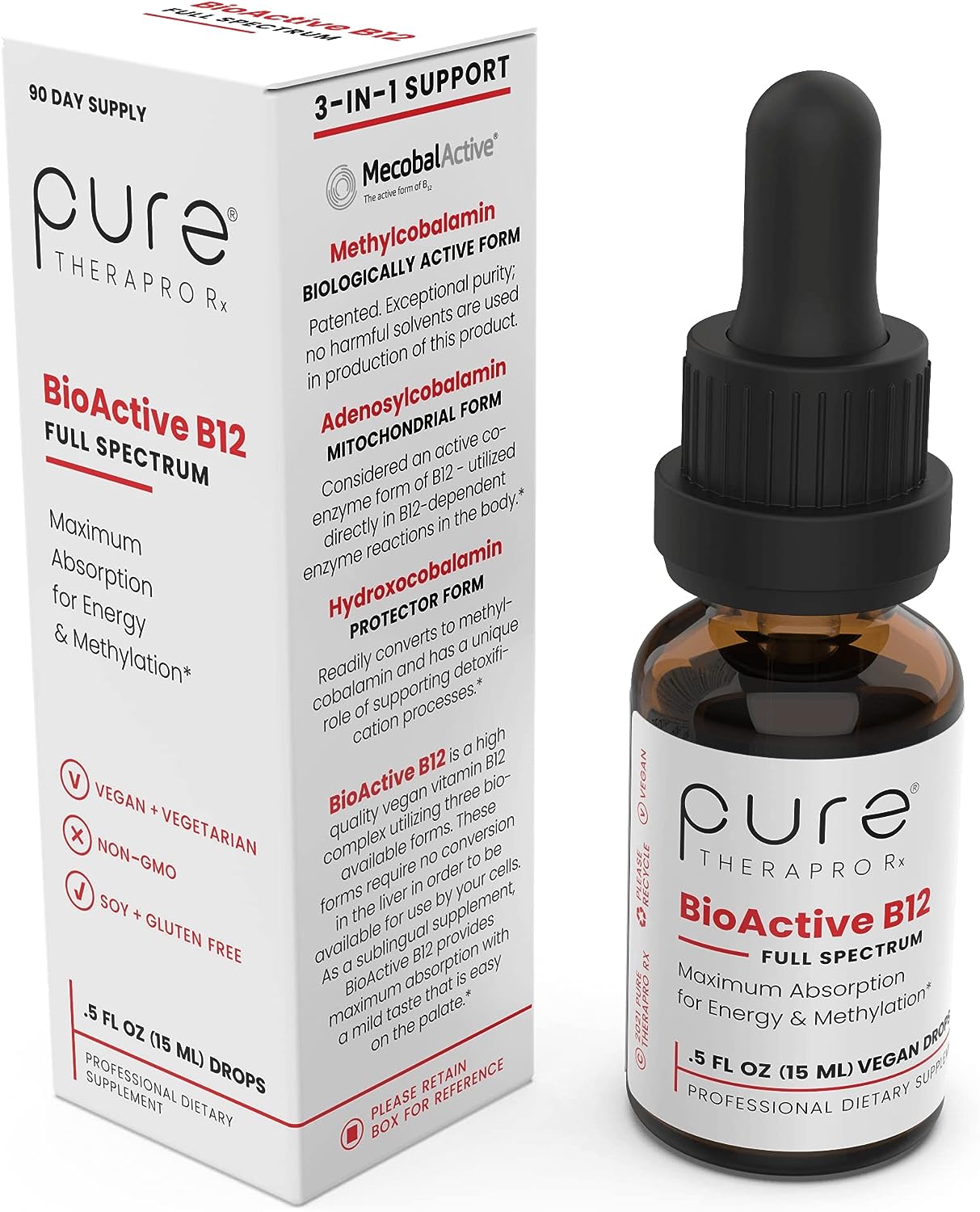 BioActive Vegan Vitamin B12 Sublingual Liquid Supplement with Hydroxocobalamin, Adenosylcobalamin & Methylcobalamin 1,000 mcg per Drop (4 Drops a Day for a 90-Day Supply)