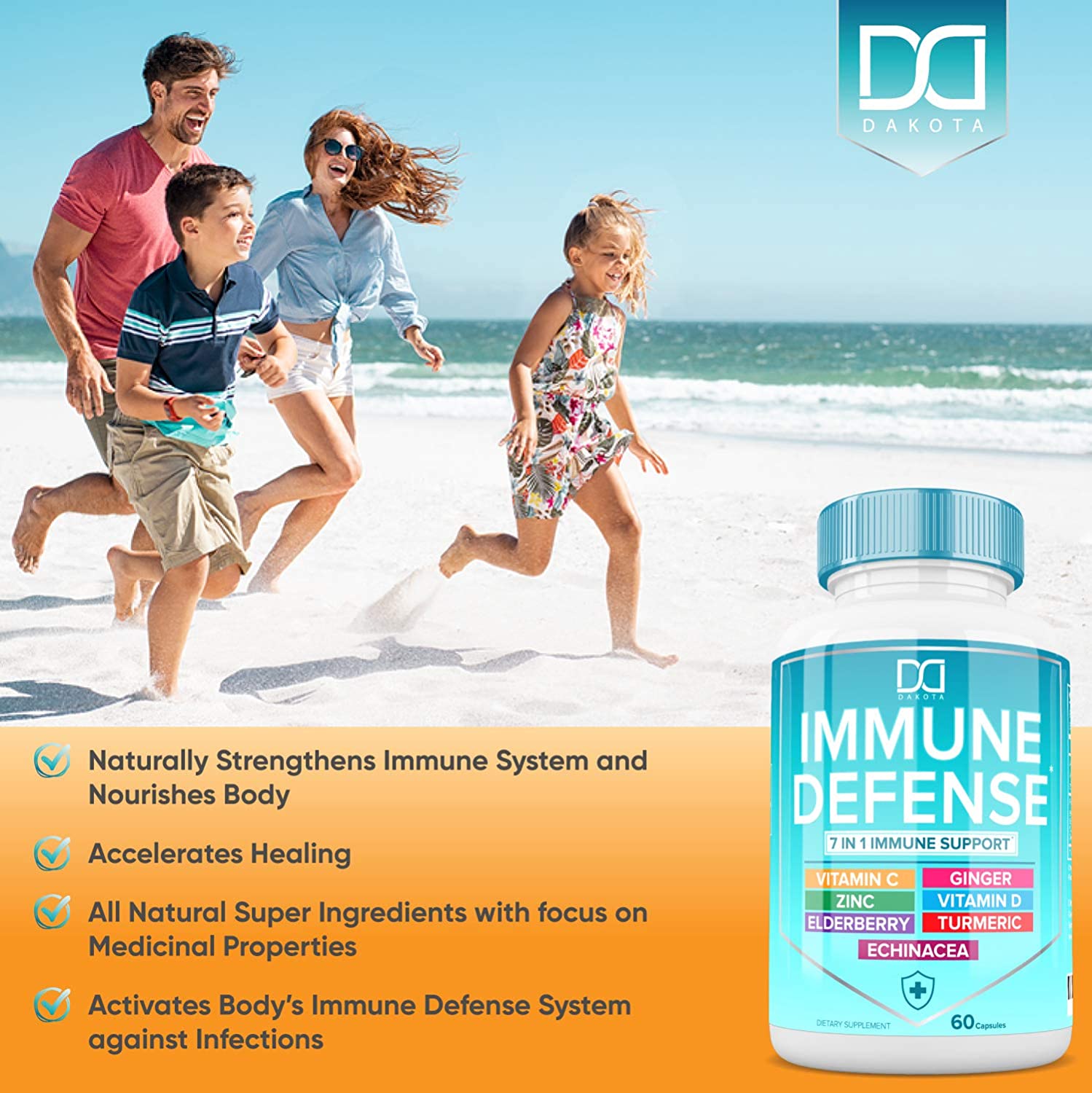 Dakota 7 in 1 Immune Defense Support, Immunity Vitamins Supplement Booster with Zinc 50mg, Vitamin C Elderberry Vit D3 5000 IU, Turmeric Curcumin & Ginger, Echinacea داكوتا داعم المناعة خليط من فيتامين د وفيتامين ج والزنك والكركم والزنجبيل والاشنسيا و إلدربيرى ، 60 كبسولة - الصورة 2