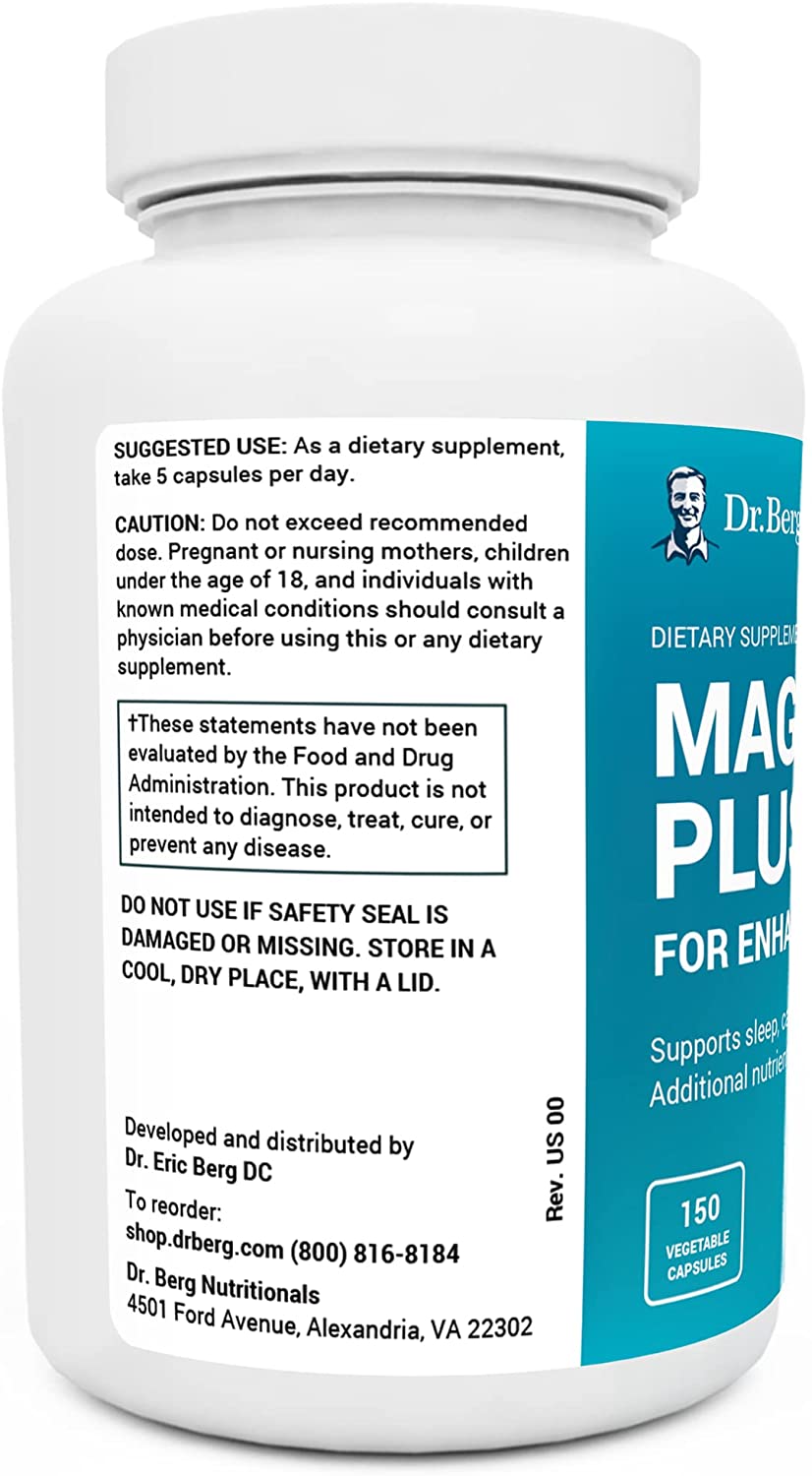 Dr. Berg’s Magnesium Plus Magnesium Glycinate Supplement for Stress, Calm, Relaxation & Sleep Support – Muscle, Cardiovascular Bone Health & Cramp Defense w/ Vitamin D & B6 -150 Vegetarian Capsules - الصورة 5