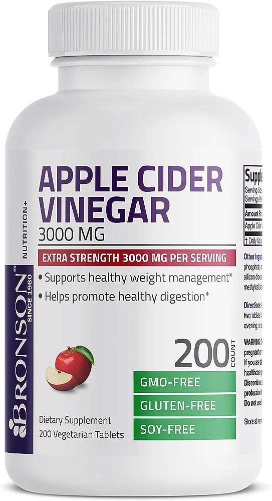Bronson Apple Cider Vinegar 3000 MG per Serving Extra Strength – Non-GMO, 200 Vegetarian TabletsBronson Apple Cider Vinegar 3000 MG per Serving Extra Strength – Non-GMO, 200 Vegetarian Tabletsكبسولات خل التفاح للتخسيس ودعم صحة الجهاز الهضمي