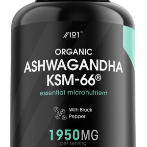 Alpha01 Organic Ashwagandha KSM-66® Capsules – Made with BioPerine® for Higher Bioavailability – Gluten Free, Non-GMO – 90 Vegan Caps الأشواجندا العضوية ل س م_66 مع الفلفل الأسود العضوى لسهولة الإمتصاص ، 90 كبسولة نباتية
