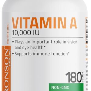 Bronson Vitamin A 10,000 IU Premium Non-GMO Formula Supports Healthy Vision & Immune System and Healthy Growth & Reproduction, 180 Softgels برونسون فيتامين أ تركيز 10000 وحده دوليه لدعم صحة النظر والمناعه 180كبسوله