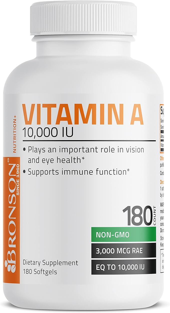 Bronson Vitamin A 10,000 IU Premium Non-GMO Formula Supports Healthy Vision & Immune System and Healthy Growth & Reproduction, 180 Softgels برونسون فيتامين أ تركيز 10000 وحده دوليه لدعم صحة النظر والمناعه 180كبسوله