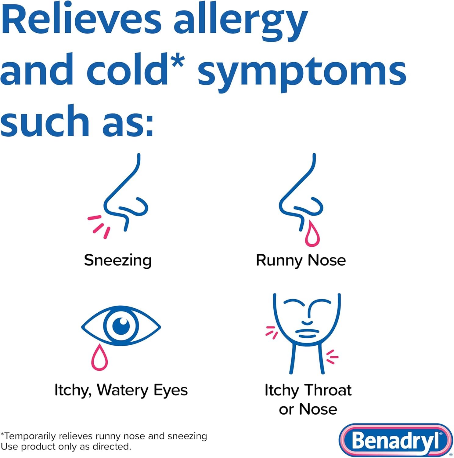 Benadryl Ultratabs Allergy Medicine, 25 mg Diphenhydramine HCl Antihistamine Tablets For Cold & Allergy Relief of Symptoms Like Sneezing, Runny Nose, Itchy Eyes & Throat, Hay Fever, 100 Tablets - الصورة 5