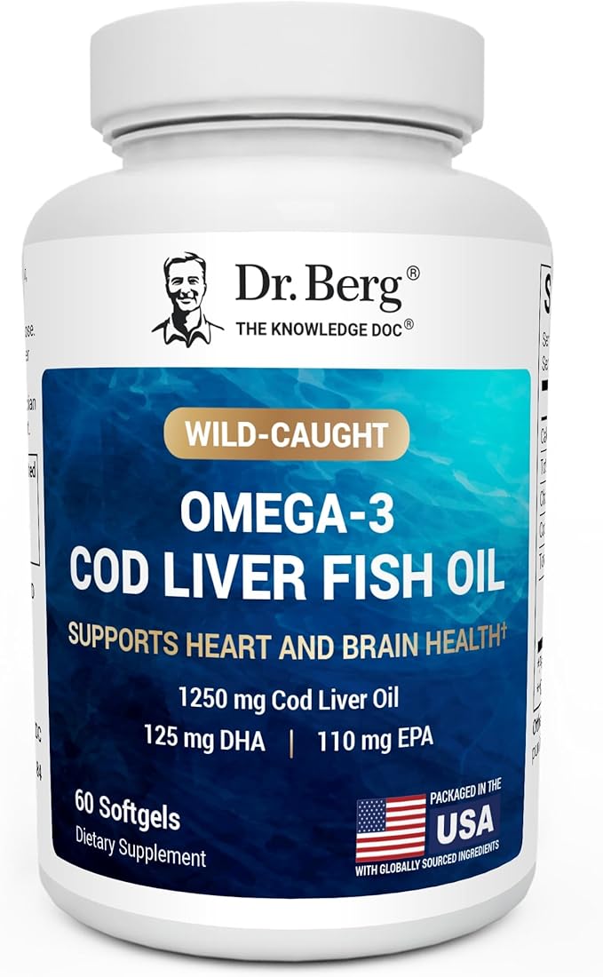 Dr. Berg Cod Liver Oil | Wild Caught Omega-3 & Vitamin A+D | 60 Softgels