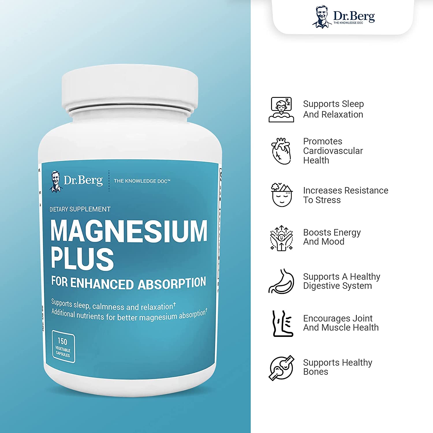 Dr. Berg’s Magnesium Plus Magnesium Glycinate Supplement for Stress, Calm, Relaxation & Sleep Support – Muscle, Cardiovascular Bone Health & Cramp Defense w/ Vitamin D & B6 -150 Vegetarian Capsules - الصورة 3