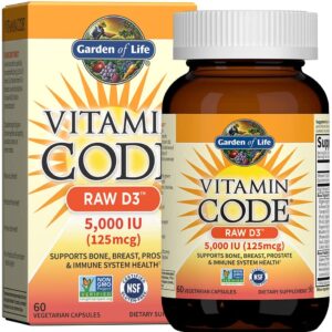 Garden of Life Vitamin D, Vitamin Code Raw D3, Vitamin D 5,000 IU, Raw Whole Food Vitamin D Supplements with Chlorella, Fruit, Veggies & Probiotics for Bone & Immune Health, 60 Vegetarian Capsules جاردن اوف لايف وفيتامين كود فيتامين د3 الخام 5000 وحدة دولية لصحة العظام والجهاز المناعى 60 كبسولة نباتية