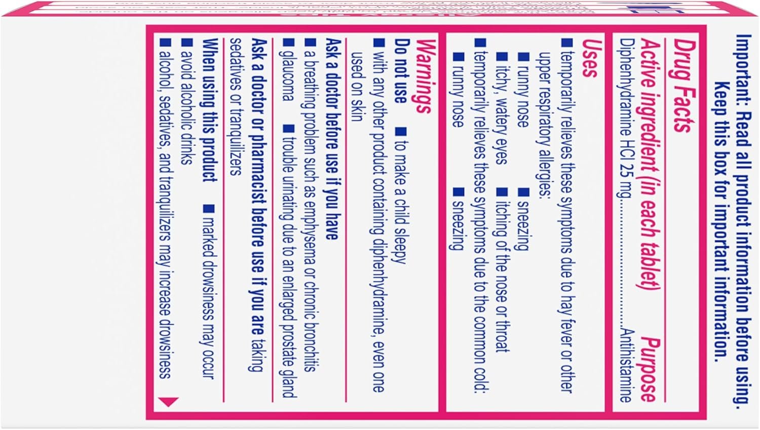 Benadryl Ultratabs Allergy Medicine, 25 mg Diphenhydramine HCl Antihistamine Tablets For Cold & Allergy Relief of Symptoms Like Sneezing, Runny Nose, Itchy Eyes & Throat, Hay Fever, 100 Tablets - الصورة 2