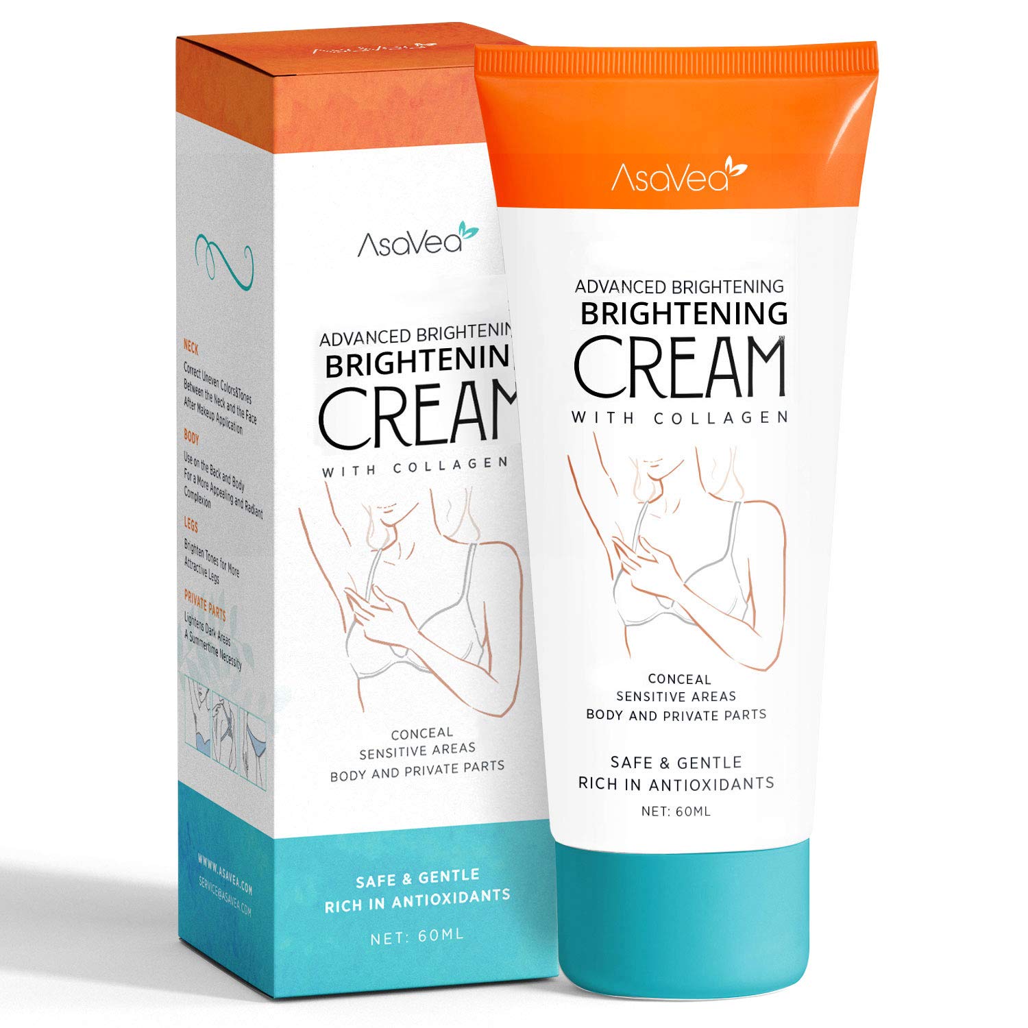 AsaVea Whitening Cream for Armpits, Intimate Parts, Between Legs – with Collagen – Effective Lightening Cream – Brightens, Nourishes, Moisturizes Underarm, and Bikini Area كريم التفتيح بالكولاجين ، لتفتيح وترطيب تحت الابط وبين الارجل