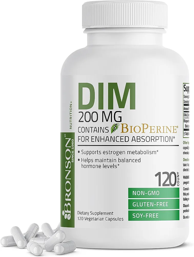 Bronson DIM Supplement 200 mg Diindolymethane with BioPerine for Enhanced Absorption, Estrogen Metabolism & Maintains Balanced Hormone Levels, 120 Vegetarian Capsules