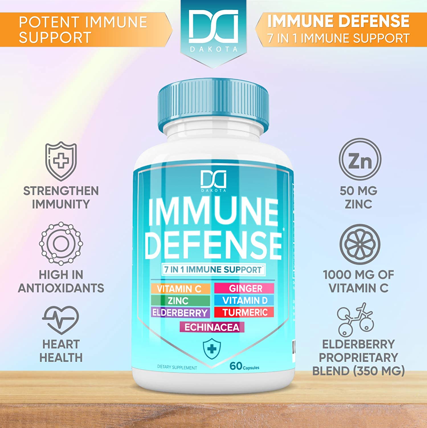 Dakota 7 in 1 Immune Defense Support, Immunity Vitamins Supplement Booster with Zinc 50mg, Vitamin C Elderberry Vit D3 5000 IU, Turmeric Curcumin & Ginger, Echinacea داكوتا داعم المناعة خليط من فيتامين د وفيتامين ج والزنك والكركم والزنجبيل والاشنسيا و إلدربيرى ، 60 كبسولة - الصورة 3