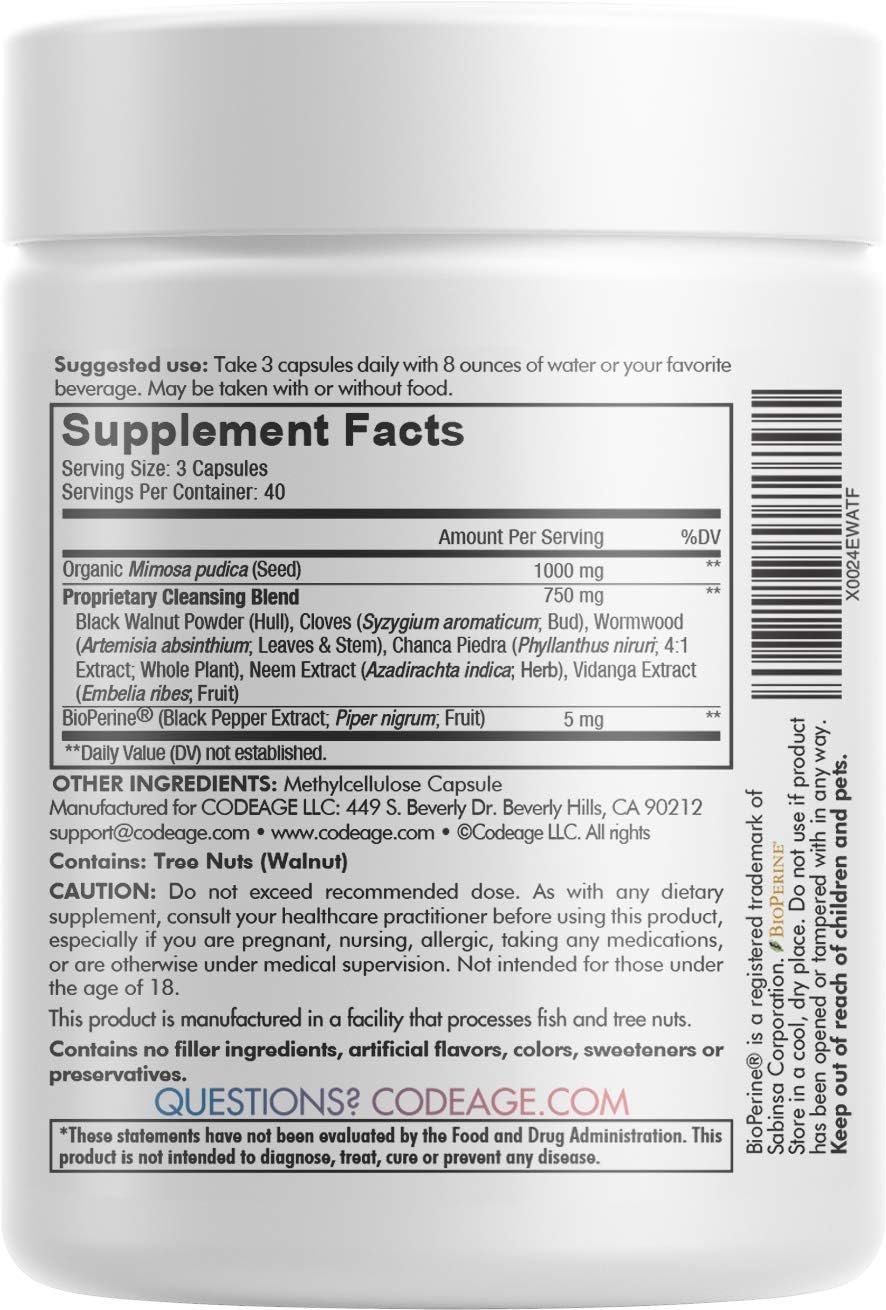 Codeage Organic Mimosa Pudica Seed Capsules – Mimosa Pudica Seeds Supplement – Black Walnut, Cloves, Vidanga, Neem, BioPerine – All in One – Sensitive Plant Pills – Non-GMO & Vegan – 120 Capsules - الصورة 3