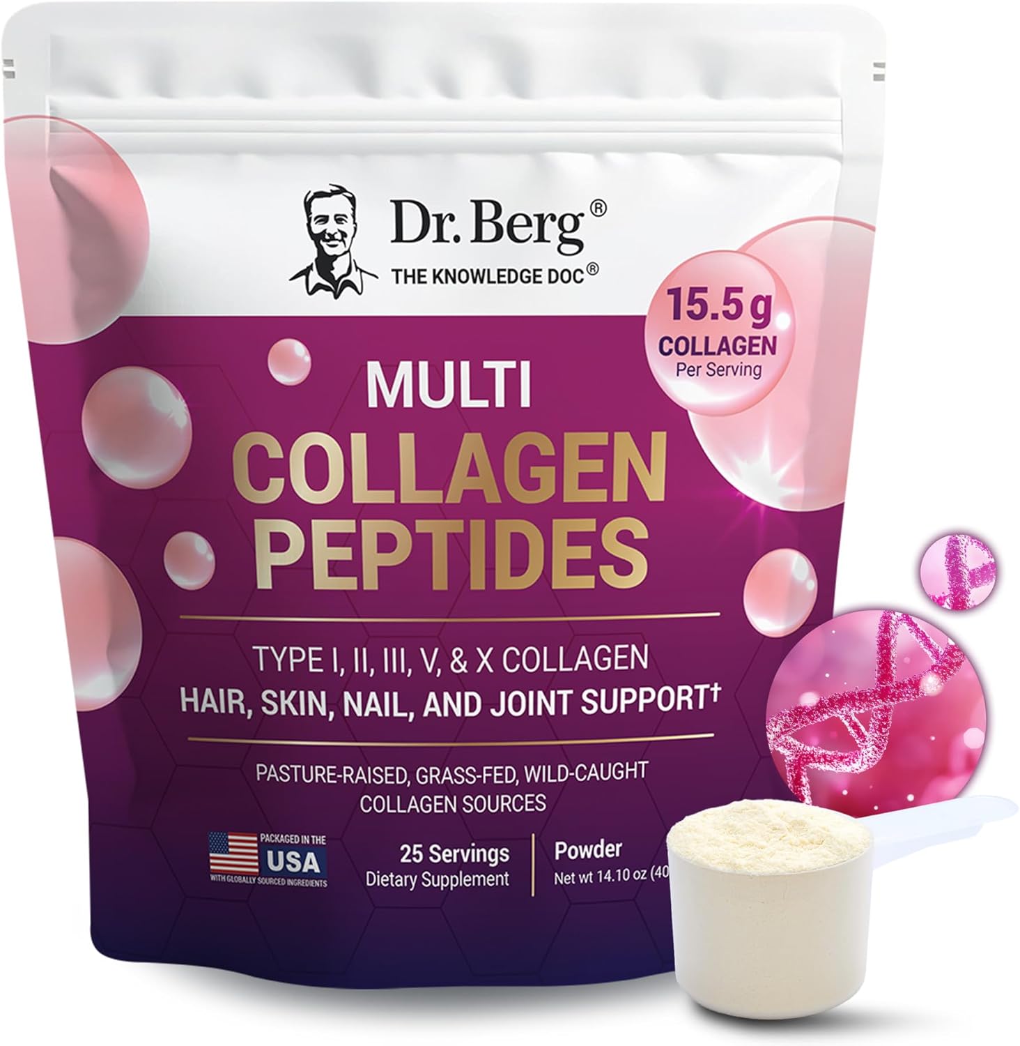 Dr. Berg Multi Collagen Peptides Powder – Grass-Fed, Pasture-Raised & Wild-Caught Collagen Sources – 25 Servings
