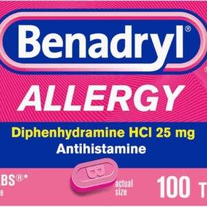 Benadryl Ultratabs Allergy Medicine, 25 mg Diphenhydramine HCl Antihistamine Tablets For Cold & Allergy Relief of Symptoms Like Sneezing, Runny Nose, Itchy Eyes & Throat, Hay Fever, 100 Tablets