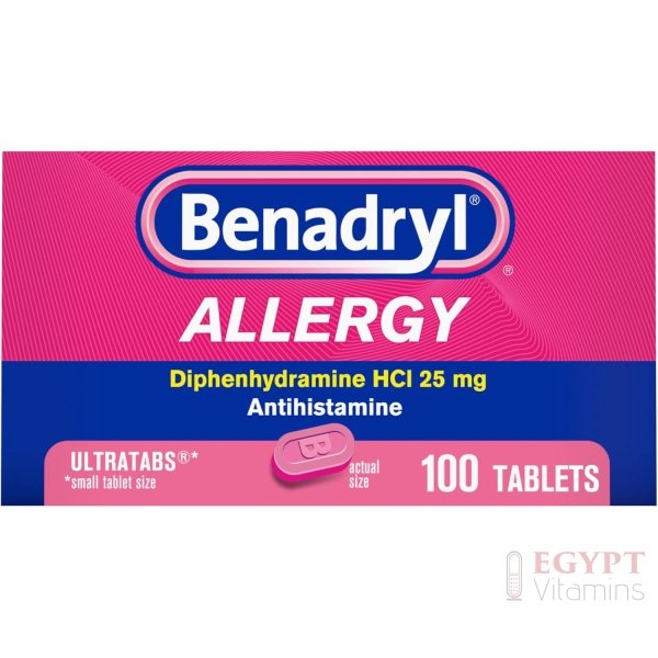 Benadryl Ultratabs Allergy Medicine, 25 mg Diphenhydramine HCl Antihistamine Tablets For Cold & Allergy Relief of Symptoms Like Sneezing, Runny Nose, Itchy Eyes & Throat, Hay Fever, 100 Tablets - الصورة 8