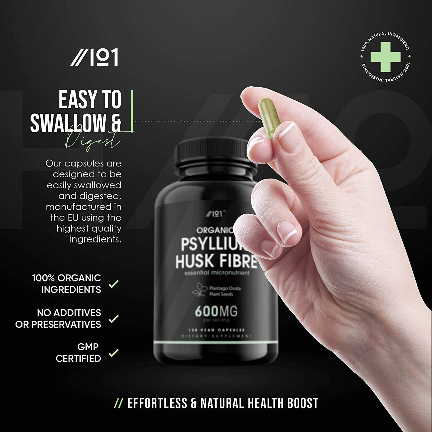 Alpha01 Organic Psyllium Husk Fibre – 600mg – Natural Prebiotic Fibre Supplement from Raw Plantago Ovata Seeds – Ispaghula Husk – Made in The UK – 120 Vegan Capsules ألياف قشور السيليوم العضوى ، 600 مجم ، بريبيوتيك الطبيعى من بذور بلانتاجو أوفاتا الخام وقشور إسباجولا ، 120 كبسولة نباتية - الصورة 3
