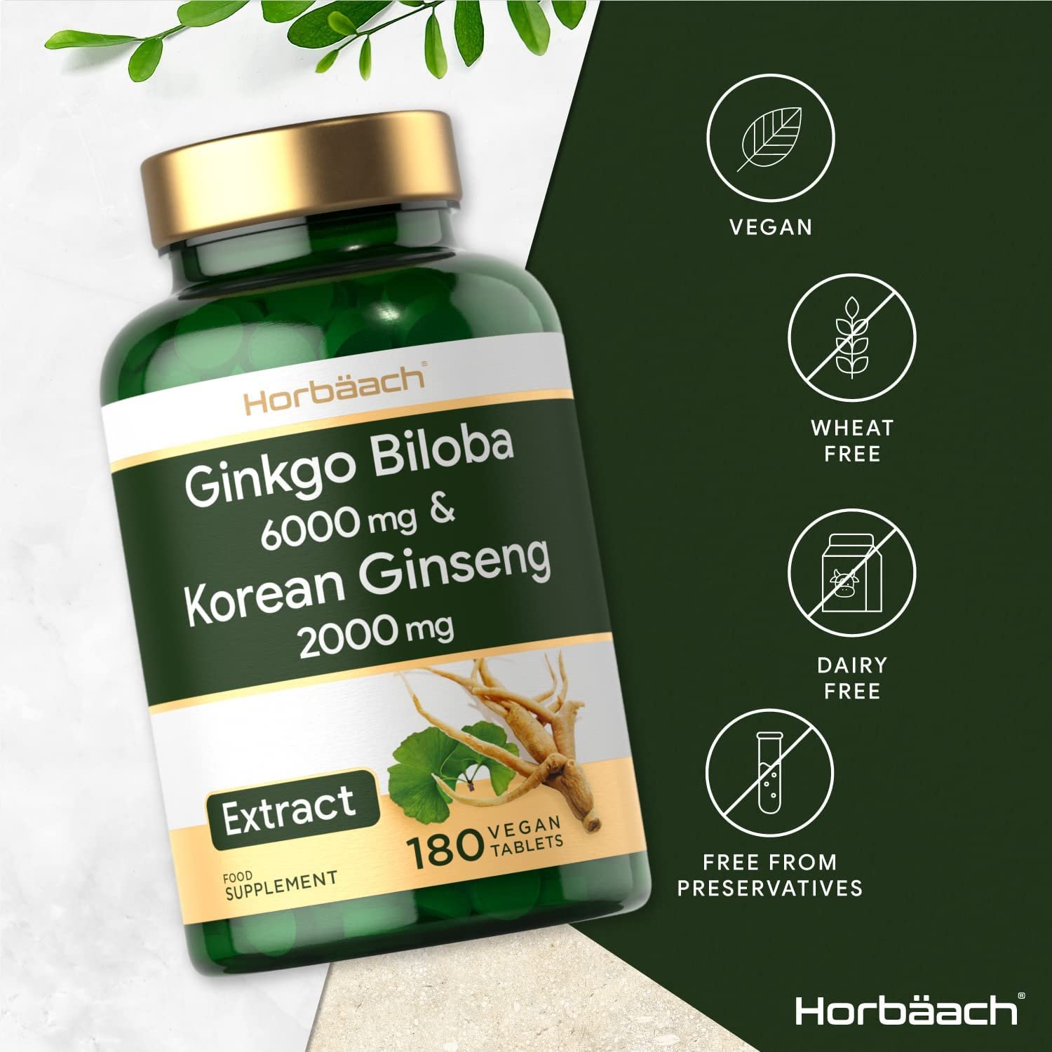 Ginkgo Biloba 6000mg & Korean Panax Ginseng 2000mg | 180 Vegan Tablets | High Strength | Non-GMO, Gluten Free Supplement | No Artificial Preservatives - الصورة 5