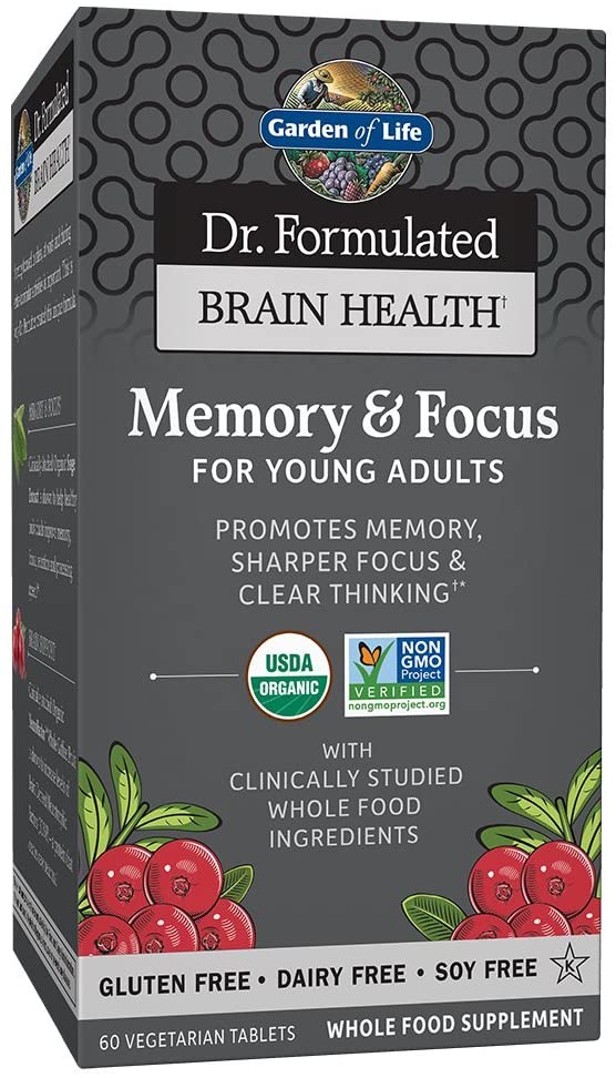 Garden of Life Dr. Formulated Organic Brain Health Memory & Focus for Young Adults Tablets دكتور فورميلايد ، فيتامينات ومعادن نباتية عضوية لصحة المخ والذاكرة ، وزيادة التركيز لصغار البالغين ، 60 حباية