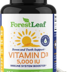 ForestLeaf – Vitamin D3 5,000 IU Supplement – Vegetable Vitamin D Capsules for Bones, Teeth, and Immune Support – Easy Swallow Pure Vitamin D3 5000 (5,000 IU – 180 Count)