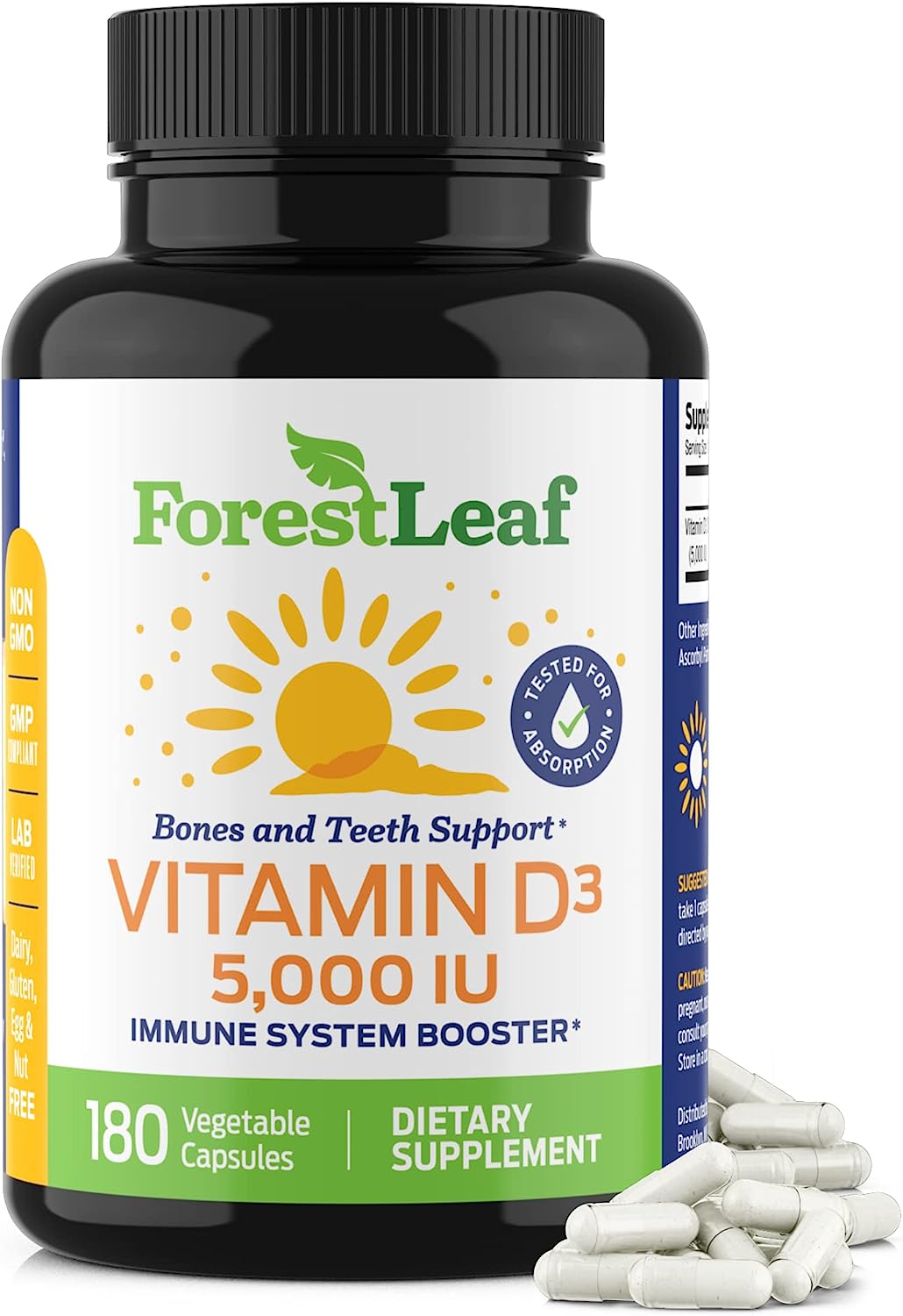 ForestLeaf – Vitamin D3 5,000 IU Supplement – Vegetable Vitamin D Capsules for Bones, Teeth, and Immune Support – Easy Swallow Pure Vitamin D3 5000 (5,000 IU – 180 Count)