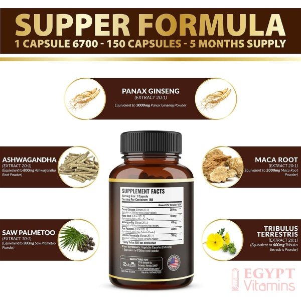 5 in 1 Panax Ginseng + Maca, 5 Months Supply, 6700 mg per Capsule with Ashwagandha, Tribulus Terrestris, Saw Palmetto, Boost Energy, Stamina, Powerful Strength, Endurance Supplement, Mood Support - الصورة 12