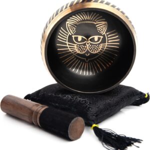 Cat Design Tibetan Singing Bowl Set for Meditation | HIMALAYAN BAZAAR