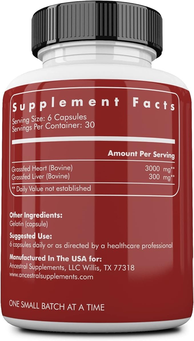 Ancestral Supplements Grass Fed Beef Heart Supplement, 3300mg, CoQ10 Supplement with Grass Fed Beef Liver, Supports Energy, Immune, Heart and Mitochondrial Health, Non GMO, 180 Capsules - الصورة 5