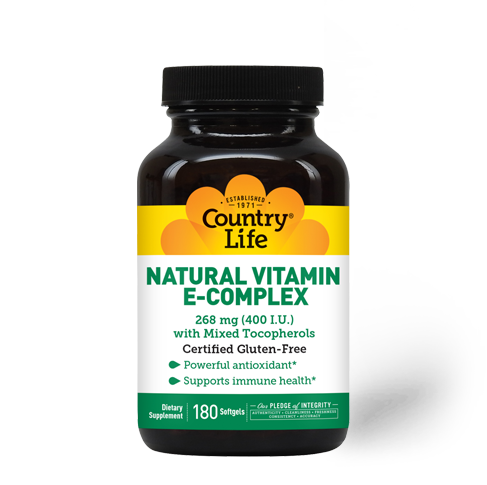 Country Life – Natural Vitamin E-Complex – 400 IU with Mixed Tocopherols – 180 Softgels كانترى لايف فيتامين ه مركب 400 وحدة دولية ، 180 سوفت جل