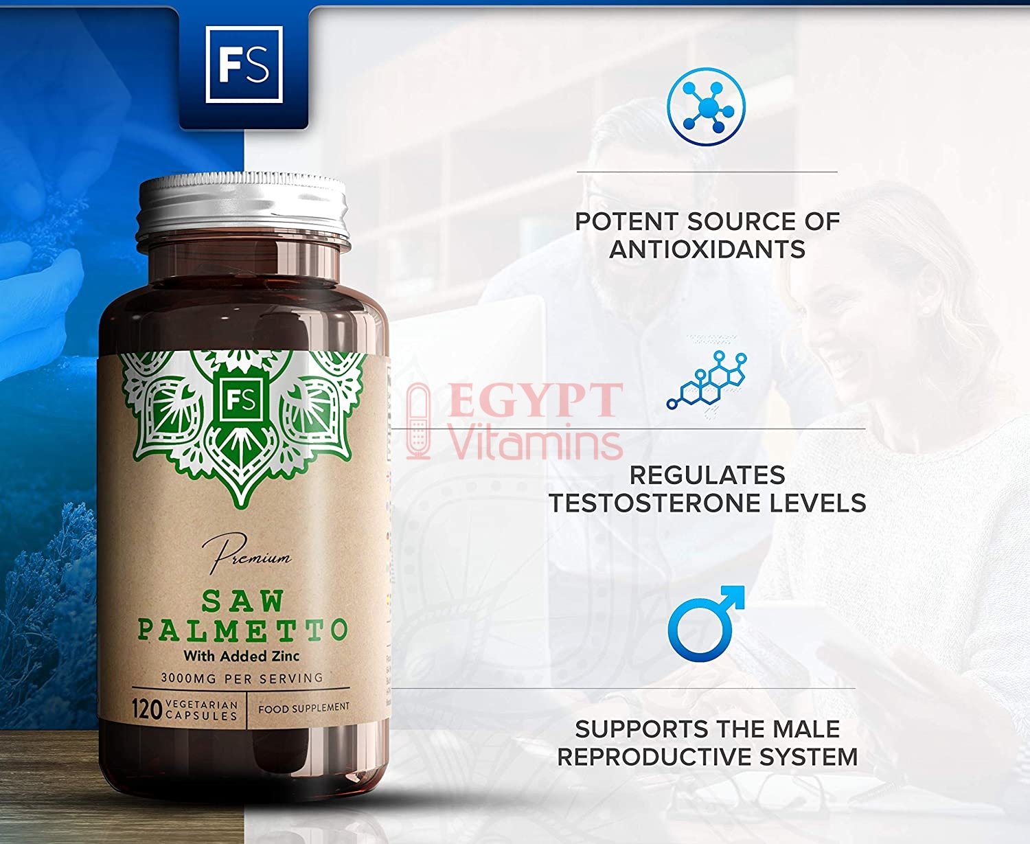 Focus Saw Palm Extract High Dose Capsules (Saw Palmetto) – 3000 mg 20:1 Extract with Zinc – 120 Vegan Capsules | For Healthy Prostate & Hormonal Balance in Men منشار بالميتو عالى جرعة 3000 مجم استخلاص 1: 20 مع الزنك ، لصحة البروستاتا و لحفظ التوازن الهرمونى للرجال ، 120 كبسولة نباتية - الصورة 2