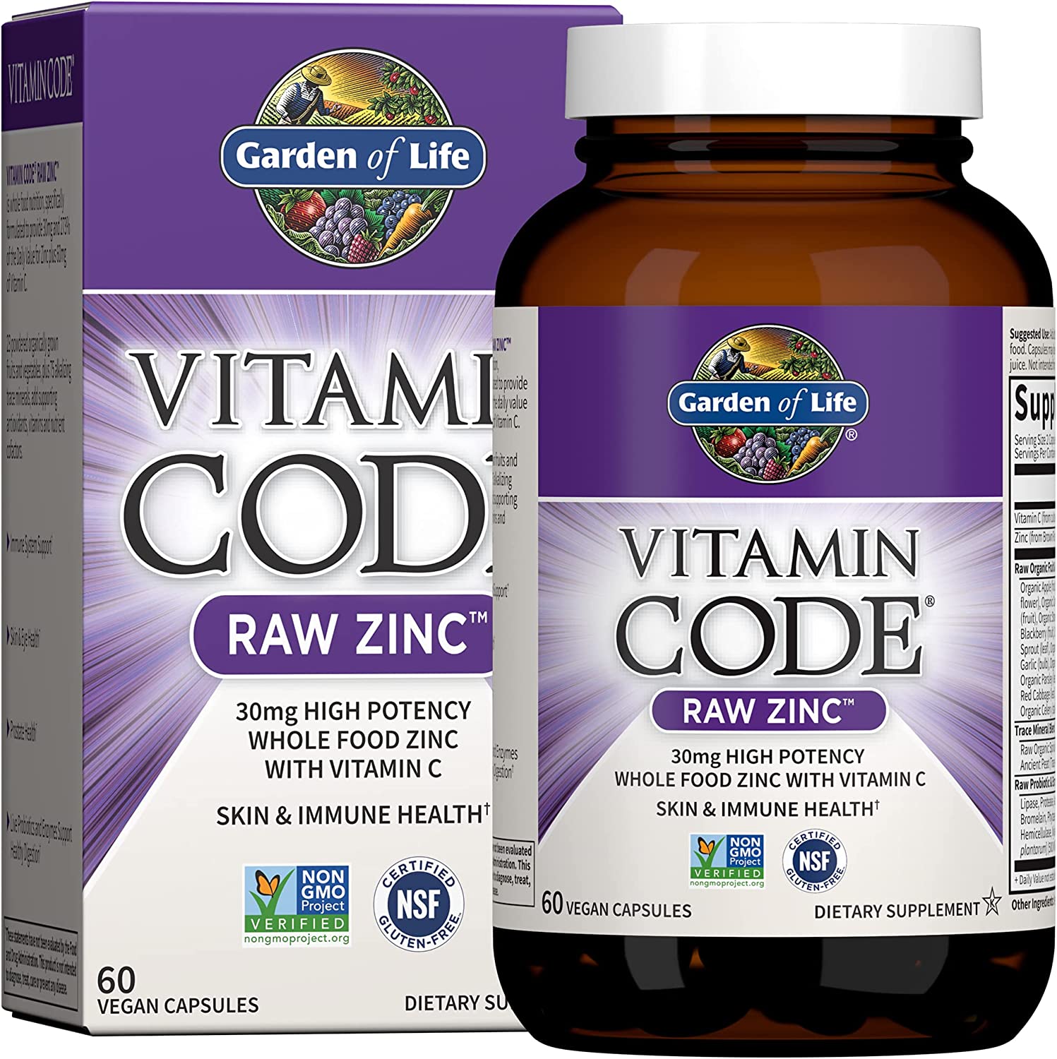 Garden of Life Zinc Supplements 30mg High Potency Raw Zinc and Vitamin C Multimineral Supplement, Vitamin Code Vitamins Trace Minerals & Probiotics for Skin Health & Immune Support, 60 Vegan Capsules