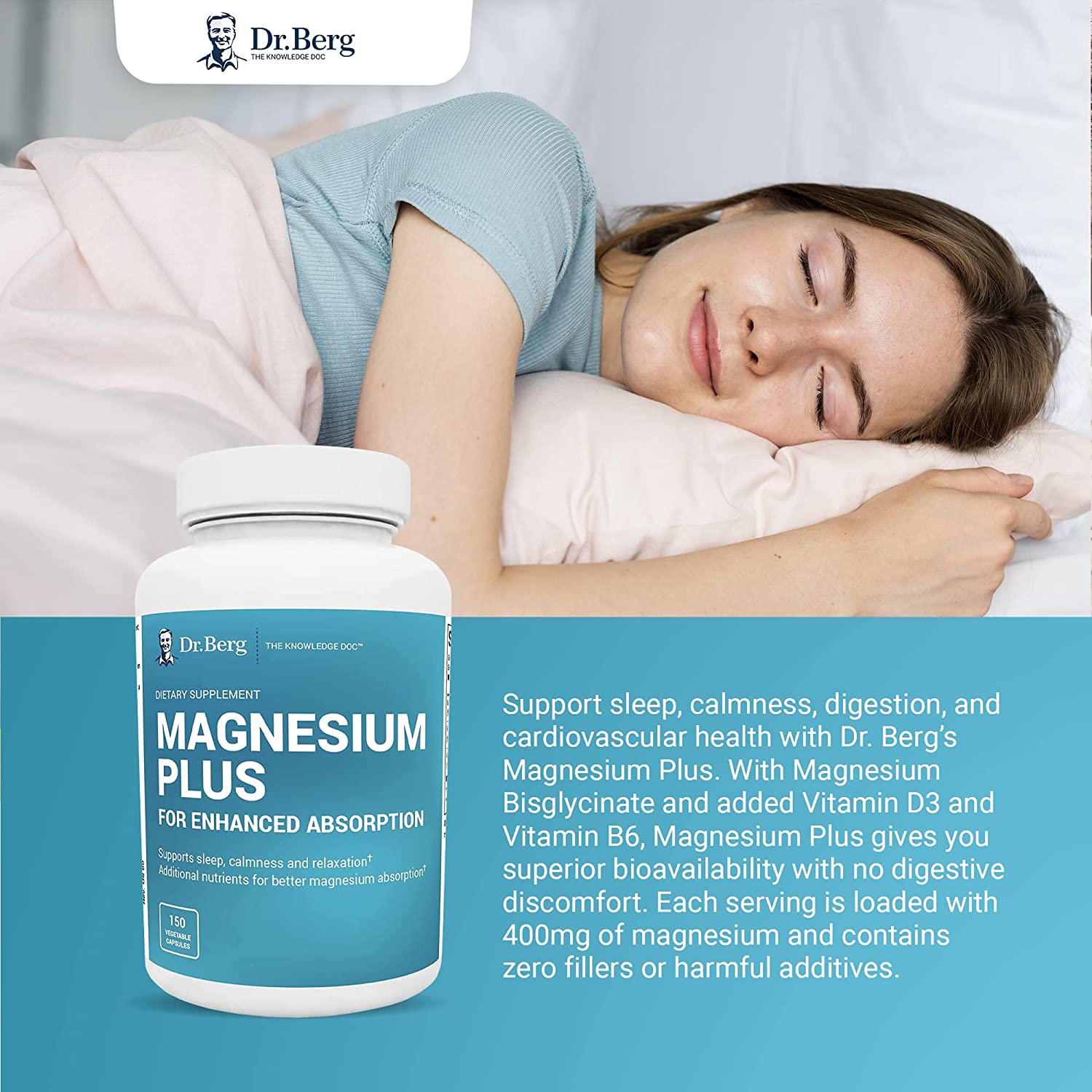 Dr. Berg’s Magnesium Plus Magnesium Glycinate Supplement for Stress, Calm, Relaxation & Sleep Support – Muscle, Cardiovascular Bone Health & Cramp Defense w/ Vitamin D & B6 -150 Vegetarian Capsules - الصورة 2